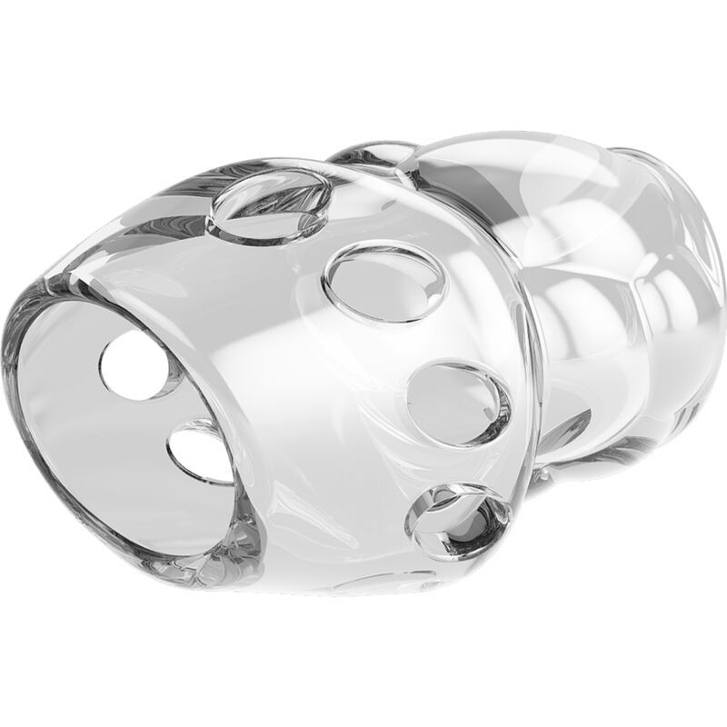 Transparentes Produkt mit Löchern. Geformt für den Intimbereich. Aus klarem Material.