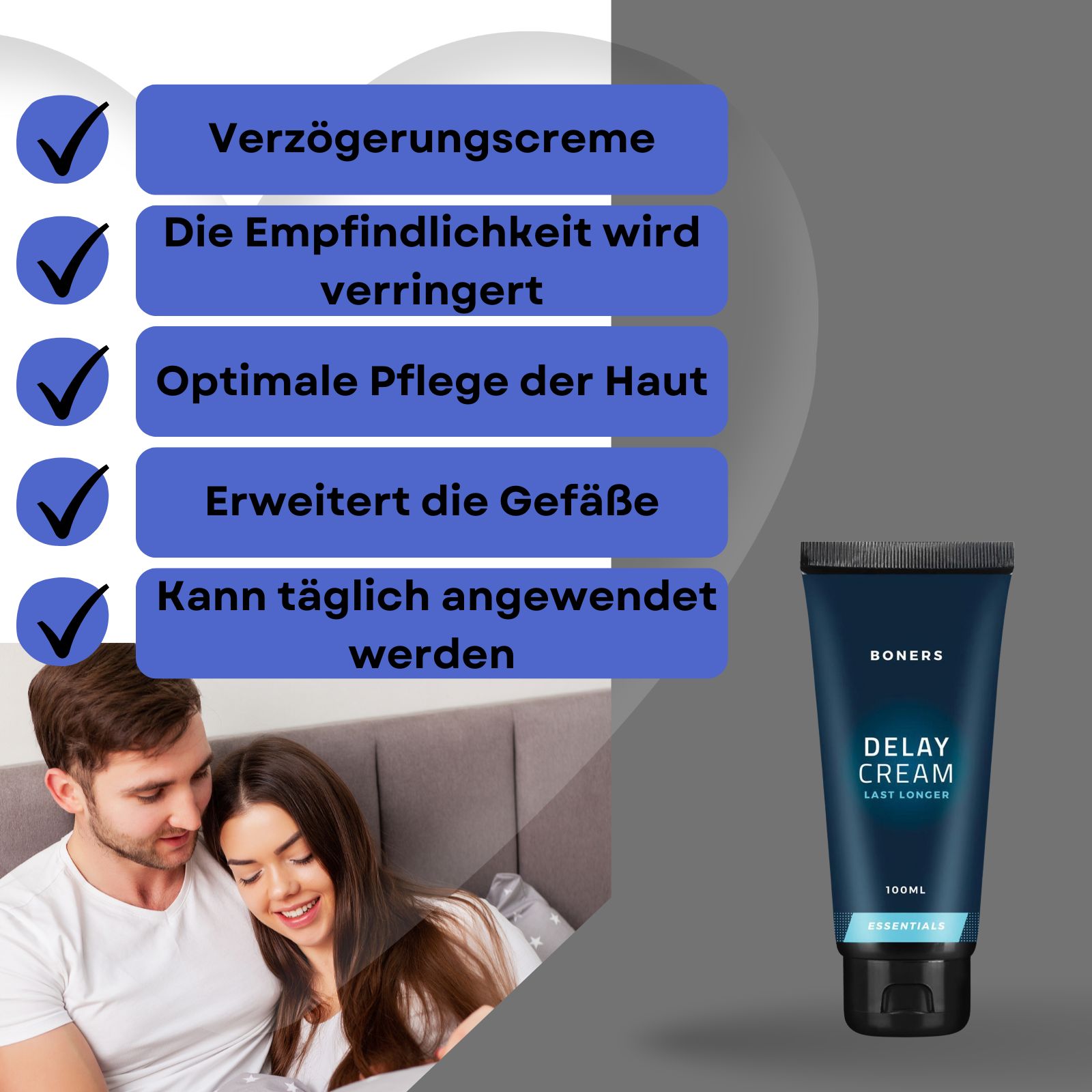 Dunkelblaue Tube mit schwarzem Deckel. Aufschrift: BONERS, Delay Cream, 100ml. Mann mit Händen am Kopf. Text auf grauem Hintergrund.