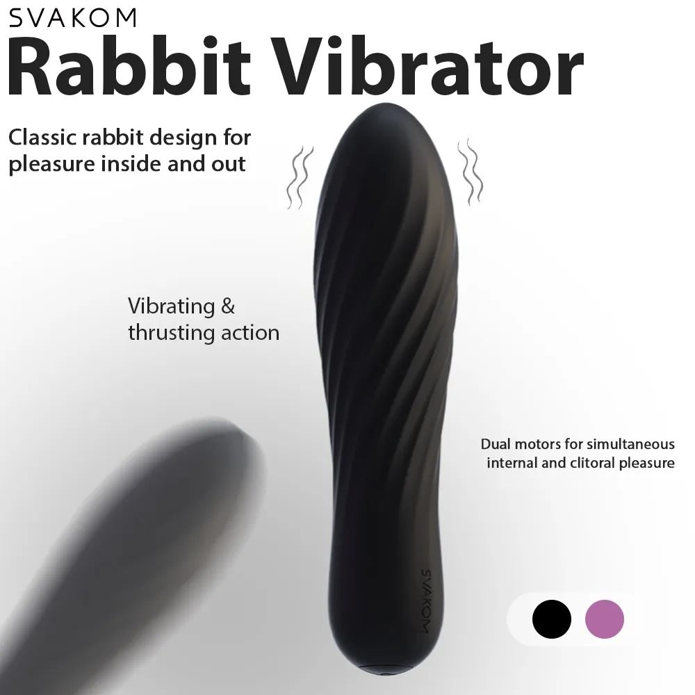 Werbebild mit schwarzem Vibrator und Text: SVAKOM Rabbit Vibrator, Vibrating & thrusting action.