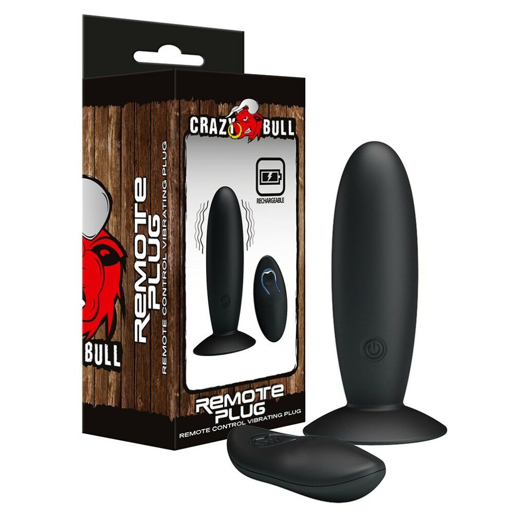 Verpackung von Crazy Bull Remote Plug. Plug und Fernbedienung neben der Verpackung. Logo und Text auf der Verpackung. Wiederaufladbar-Symbol.