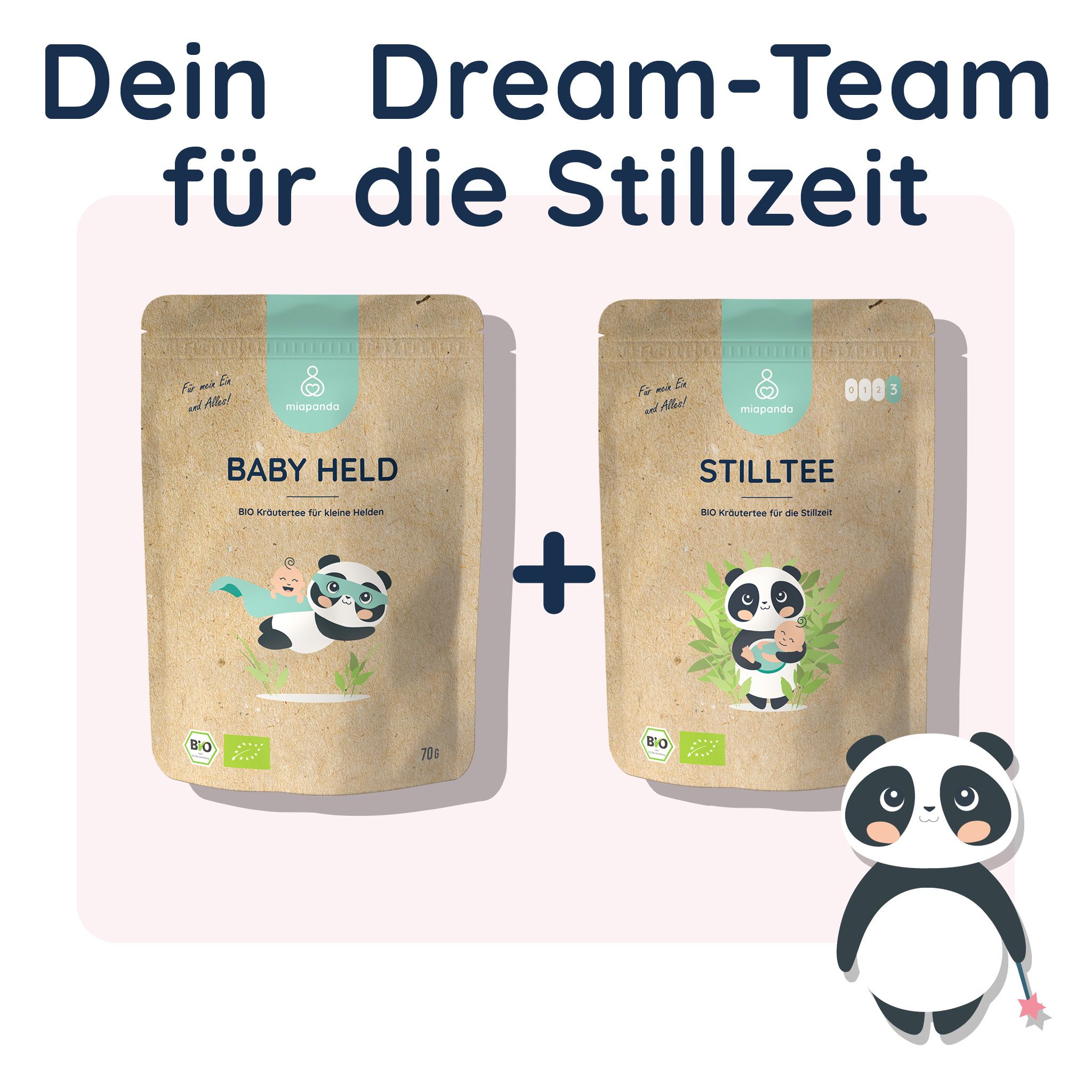Zwei Tee-Beutel: Baby Held und Stilltee. Plus-Zeichen. Panda-Illustration. Text: Dein Dream-Team für die Stillzeit.