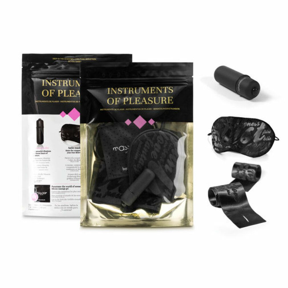 Zwei schwarze Beutel mit Produktnamen. Einzelne schwarze Vibrator, Augenmaske und Band.