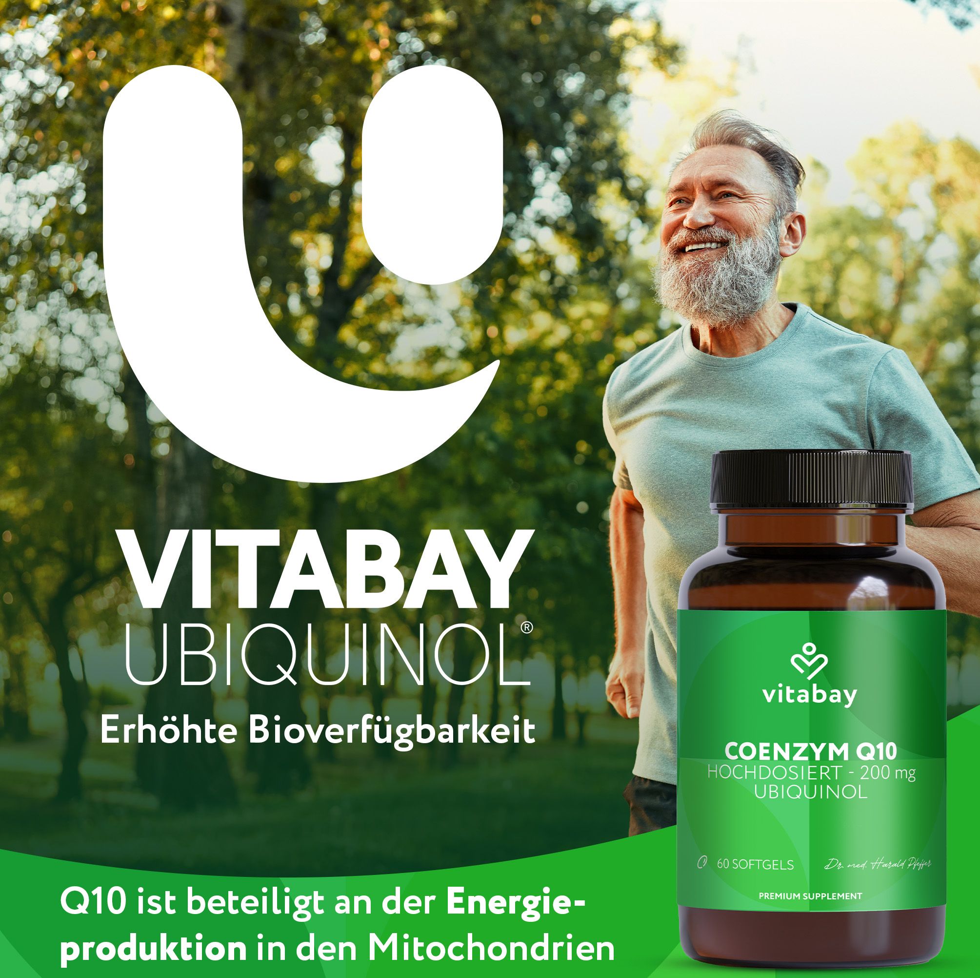 Älteres Paar beim Spaziergang, Vitabay Ubiquinol Coenzym Q10 Flasche.