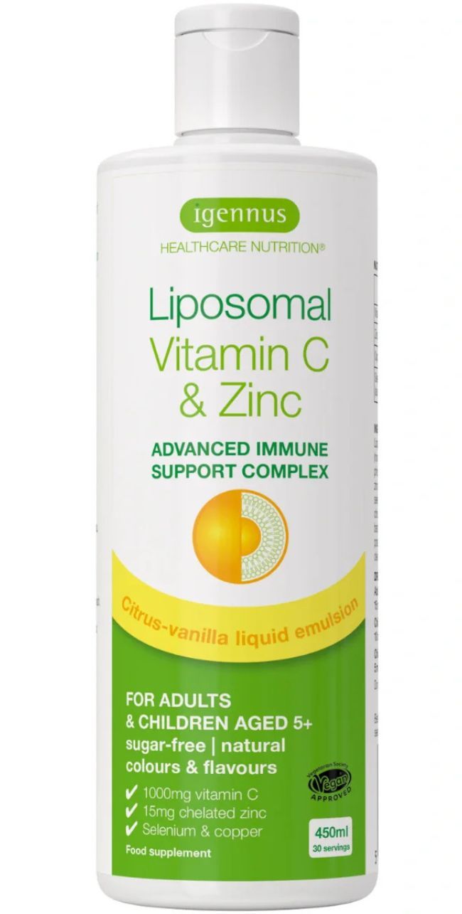 Flasche Igennus Liposomales Vitamin C & Zink. Etikett zeigt 'Advanced Immune Support Complex'.