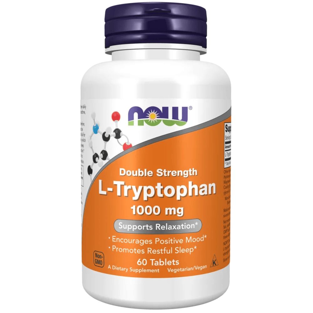 Weiße Flasche mit blauem Deckel. Aufschrift: L-Tryptophan, 1000 mg, 60 Tabletten. Unterstützt Entspannung, fördert positive Stimmung und erholsamen Schlaf.
