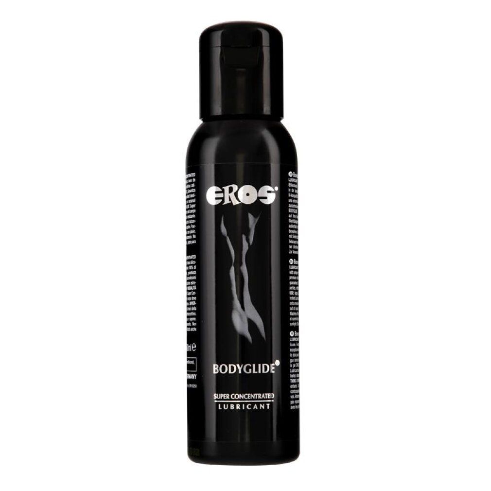 Schwarze Flasche mit EROS BODYGLIDE Super Concentrated Lubricant Aufschrift und stilisiertem Körper.