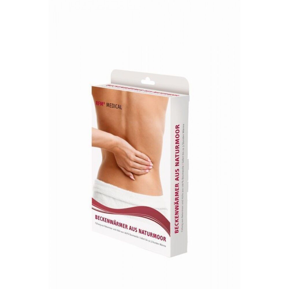 Verpackung mit Produktabbildung. Text: BECKENWÄRMER AUS NATURMOOR. Marke: RPM MEDICAL. Abbildung einer Person mit Beckenwärmer.