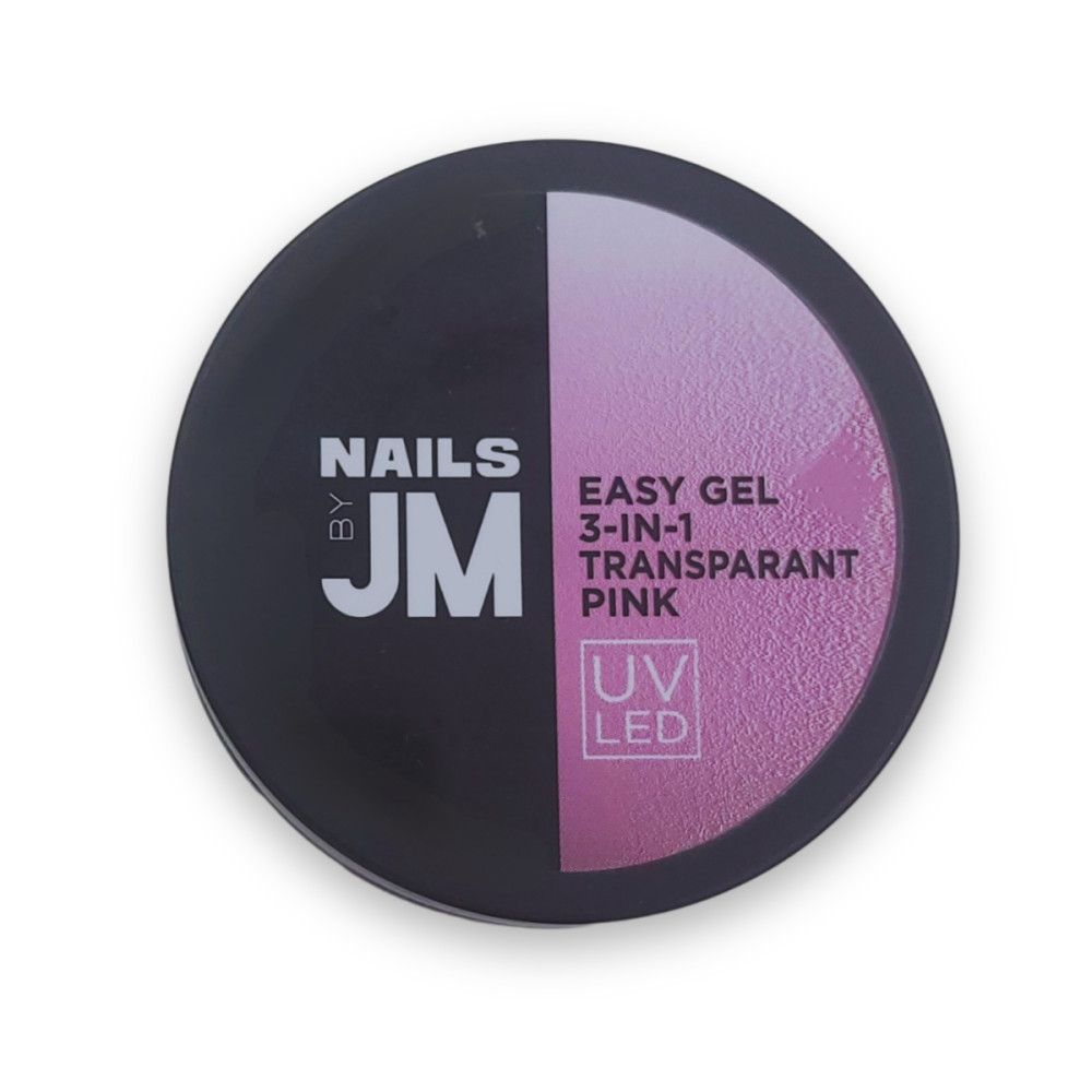 Runder Behälter mit schwarzem Deckel. Aufschrift: NAILS BY JM, EASY GEL 3-IN-1 TRANSPARANT PINK, UV LED.