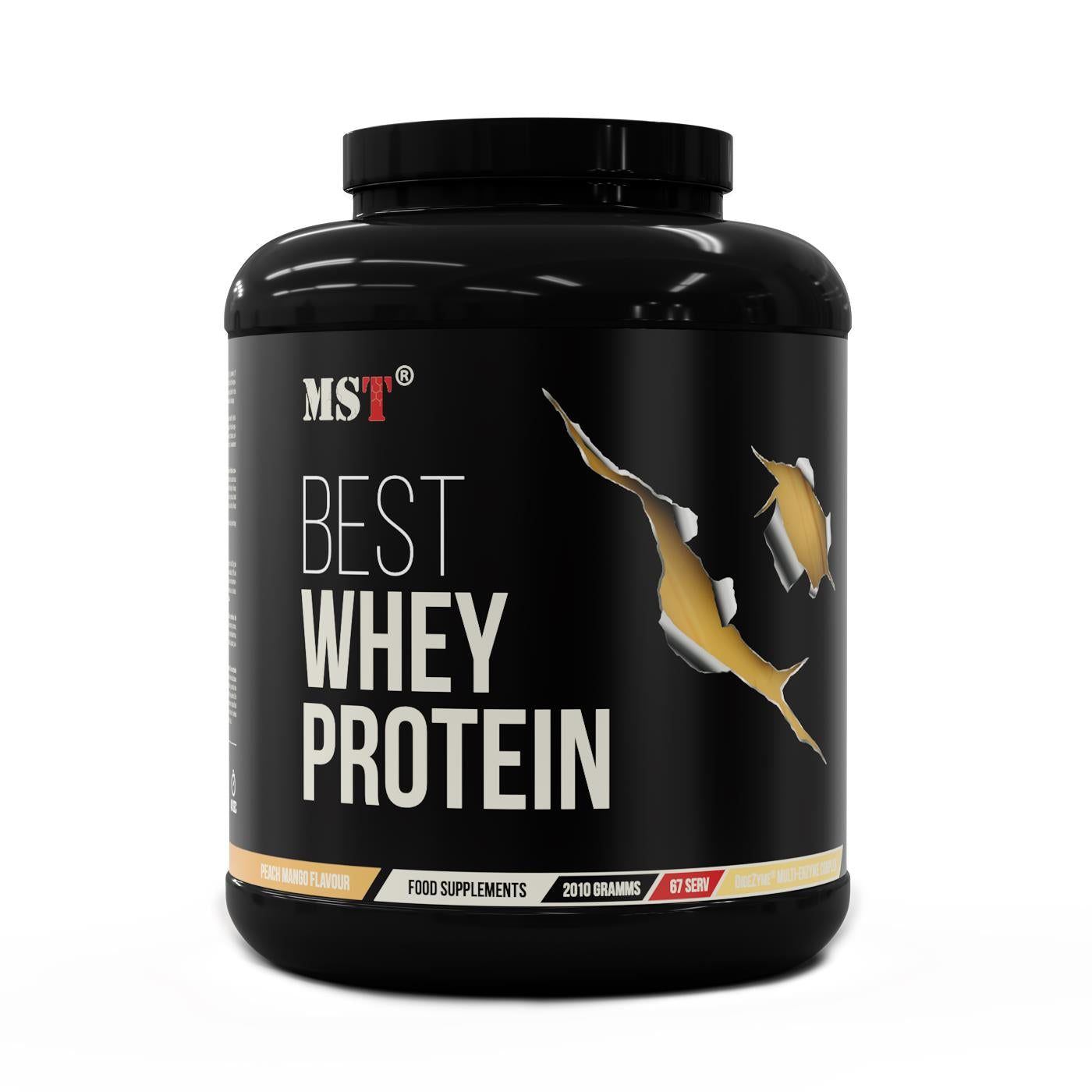 Schwarzer Behälter mit MST Best Whey Protein. Aufschrift: Best Whey Protein, Fisch-Mango-Geschmack, 2010 Gramm, ohne Zucker.
