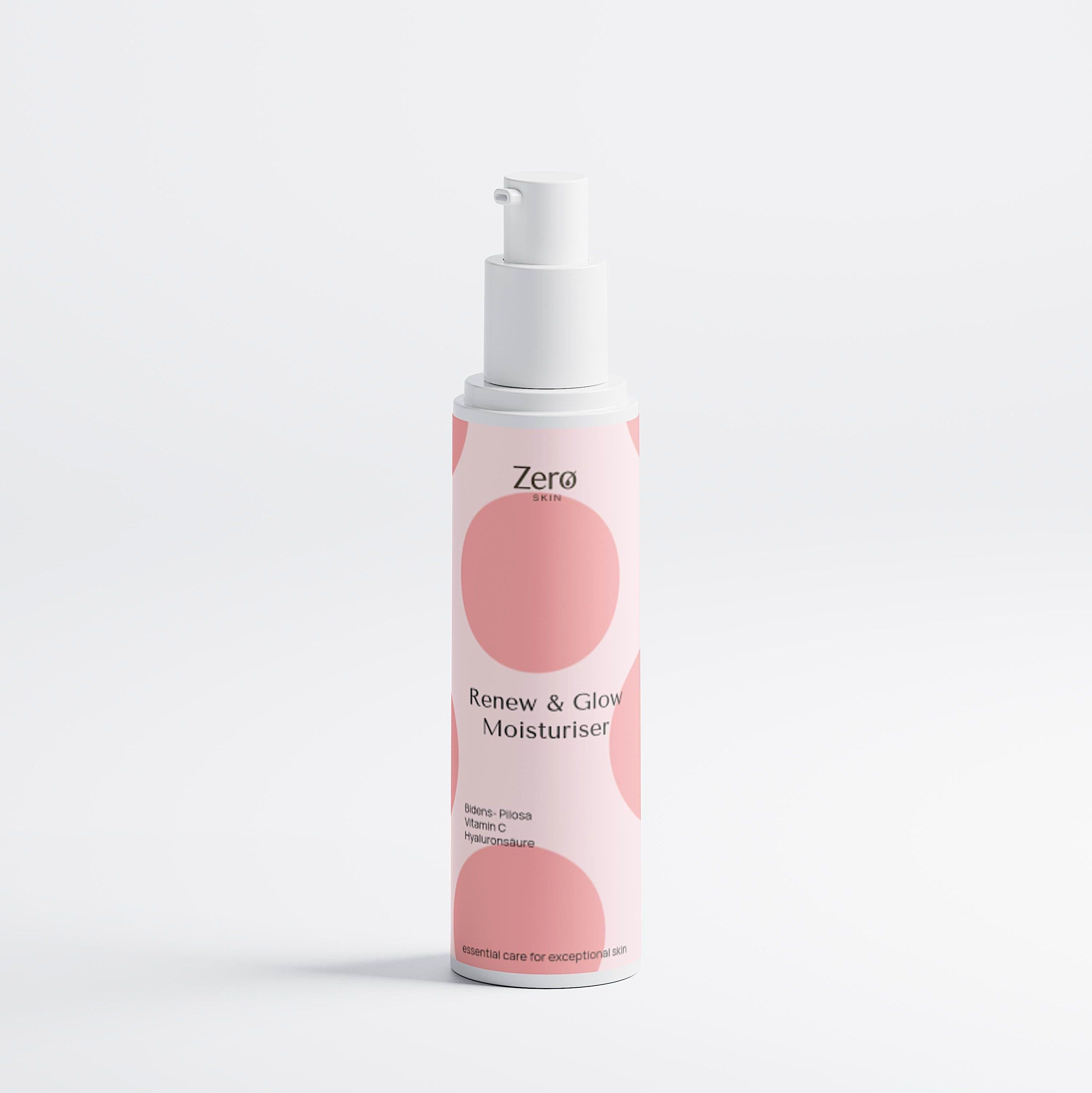 Eine Flasche Zero Skin Renew & Glow Moisturiser. Rosa und weiß. Mit Pumpaufsatz. Aufschrift: Zero Skin.