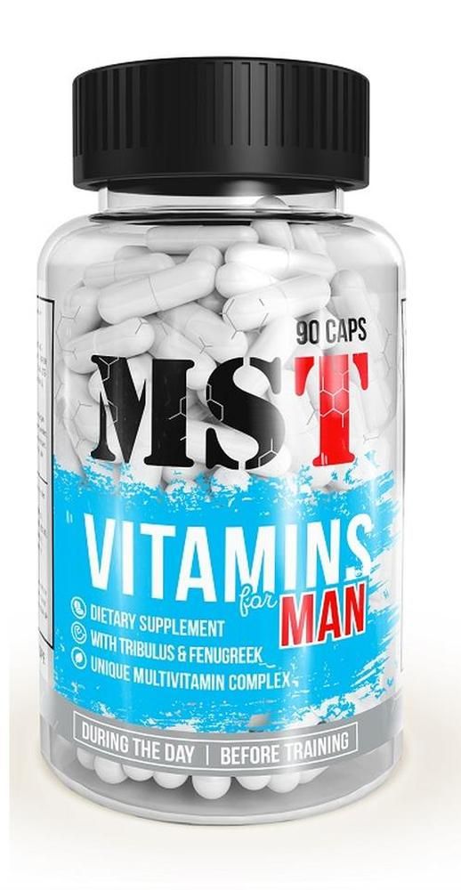 Klare Flasche mit weißen Kapseln. Aufschrift: MST Vitamins for MAN. 90 Kapseln. Zusatzstoffe: Tribulus, Bockshornklee, einzigartiger Multivitamin-Komplex.