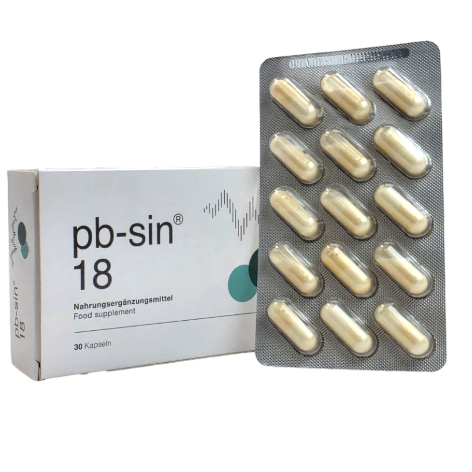 Verpackung und Blisterpackung mit 30 Kapseln pb-sin® 18, Nahrungsergänzungsmittel, Ansicht von vorne.