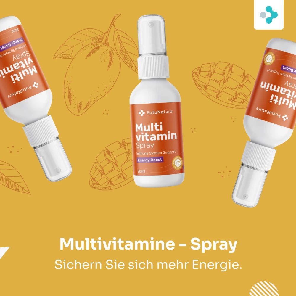 FutuNatura Multivitamine Spray. Flasche und Verpackung. Frau mit Taschentuch.