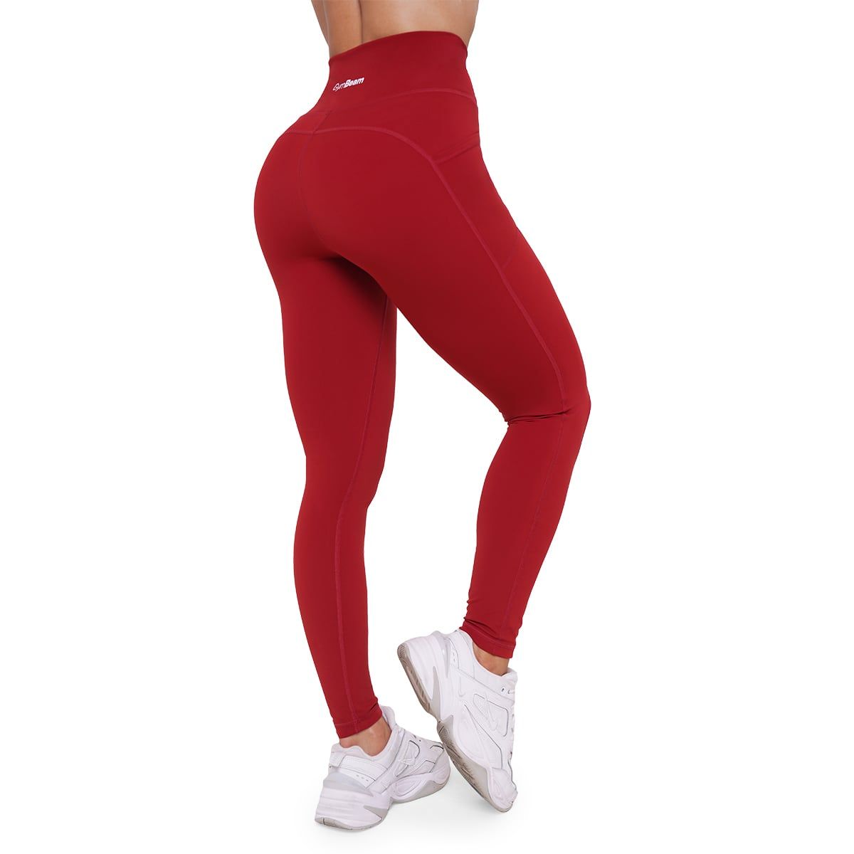 Rückansicht einer Damen-Leggings in Dunkelrot mit hoher Taille und figurbetonter Passform.