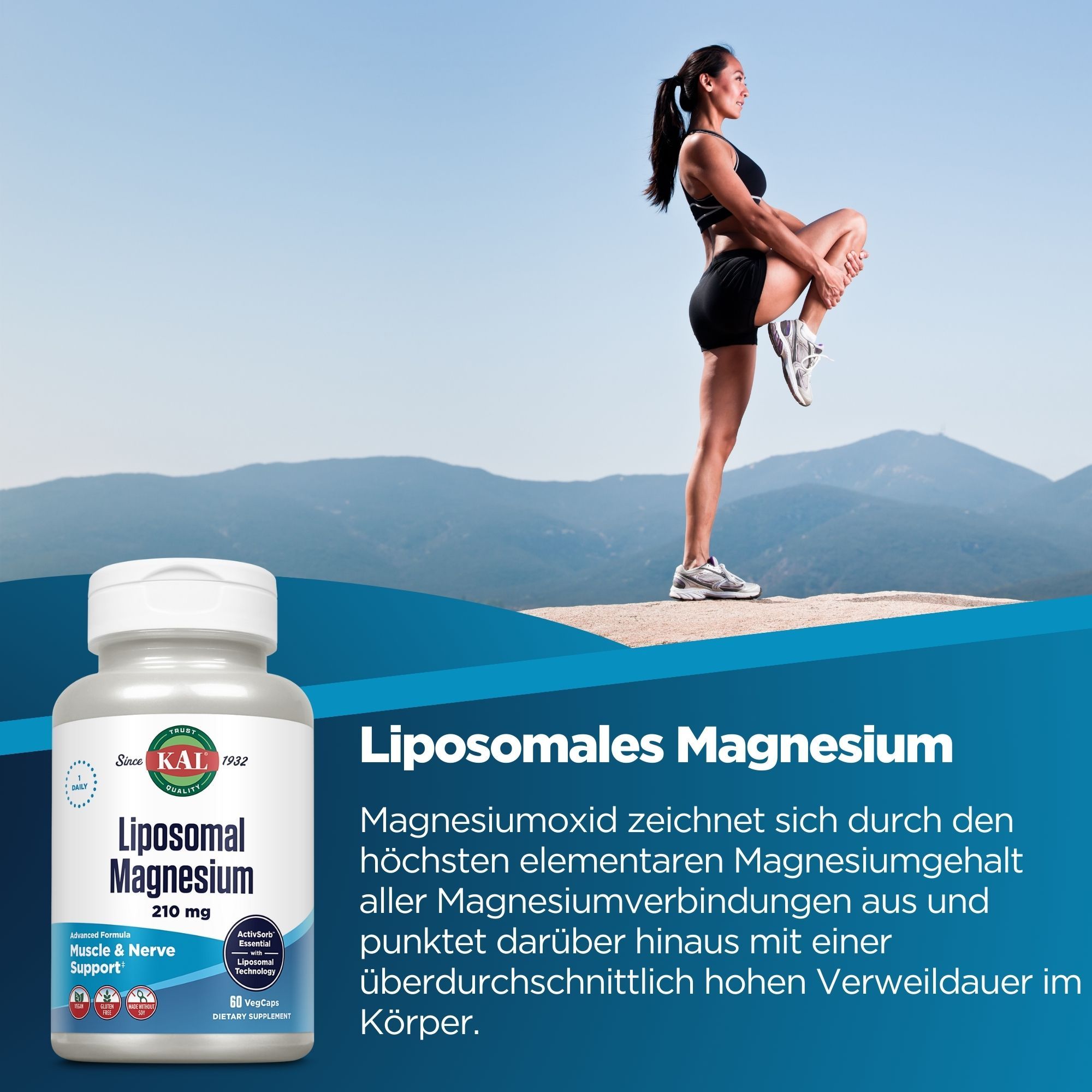 Eine Flasche KAL Liposomales Magnesium 210 mg. Eine Frau dehnt sich im Hintergrund. Blaue und weiße Verpackung.