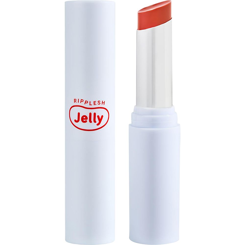 Weißer Lippenbalsam-Behälter mit rotem Aufdruck "Ripplesh Jelly". Geöffneter Lippenbalsam mit orangefarbener Spitze.