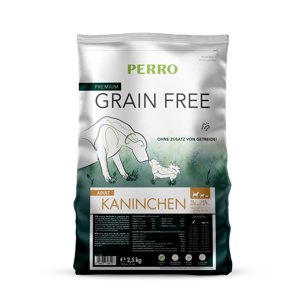 PERRO Trockenfutter-Beutel. "Grain Free" und "Kaninchen" Schriftzug. Abbildung eines Hundes und eines Kaninchens.