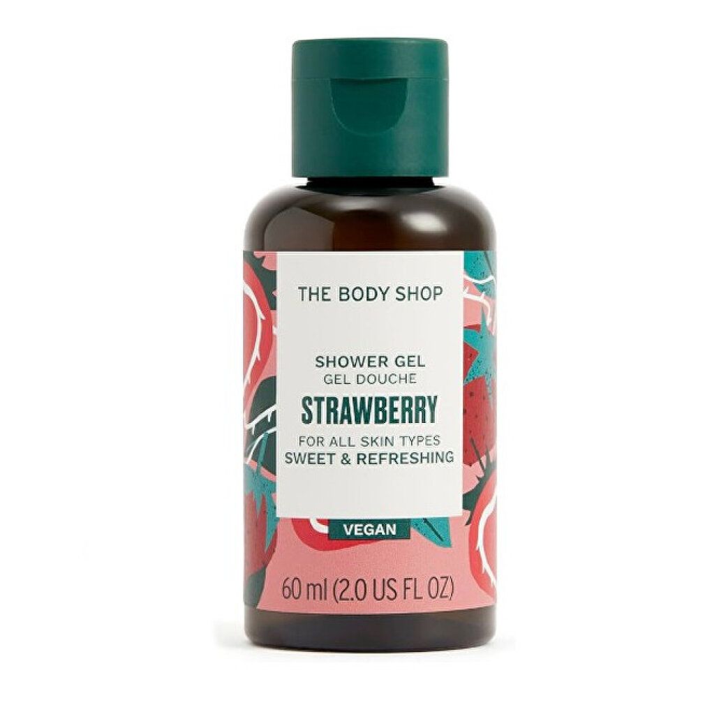 Duschgel-Flasche mit Erdbeer-Design. Aufschrift: Strawberry, Vegan. Marke: The Body Shop. Grüne Kappe. Braune Flasche.