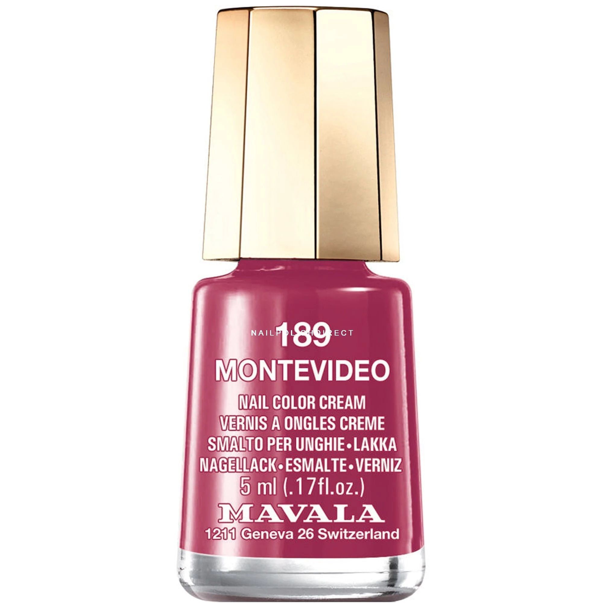 Nagellackflasche, rot-violett. Goldfarbener Deckel. Beschriftung: Montevideo, Nail Color Cream, 5 ml, Mavala.
