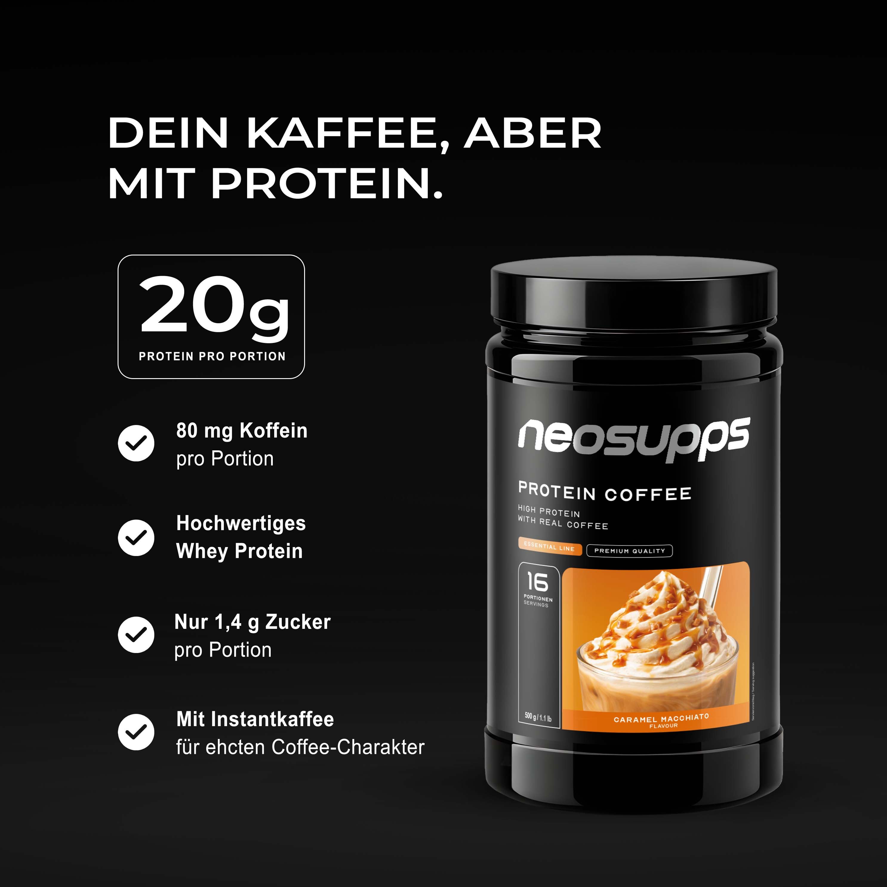 Neosupps Protein Coffee Dose mit Liste von Produkteigenschaften wie 20g Protein pro Portion.