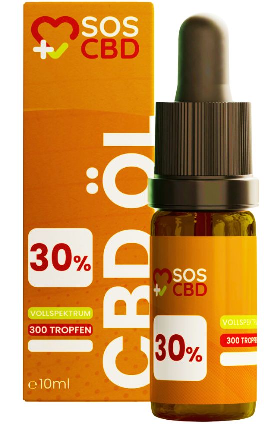 Braune Glasflasche mit Tropfer und orangefarbener Etikett. Daneben eine orangefarbene Schachtel mit Aufdruck. Aufschrift: SOS CBD, 30%, 300 Tropfen.