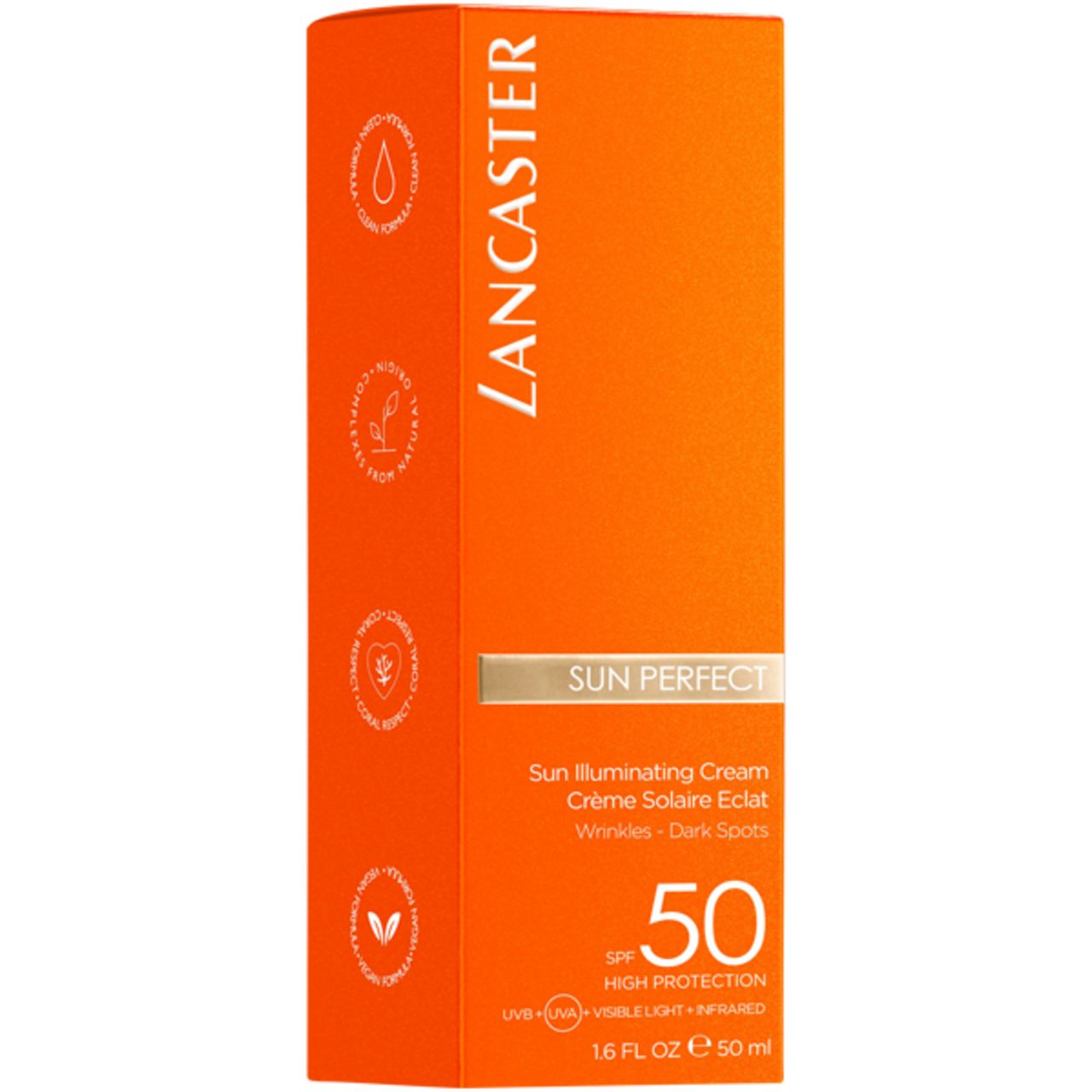 Orangefarbene Verpackung. Aufschrift: Lancaster Sun Perfect, Crème Solaire Eclat, SPF 50. Gegen Falten und dunkle Flecken.