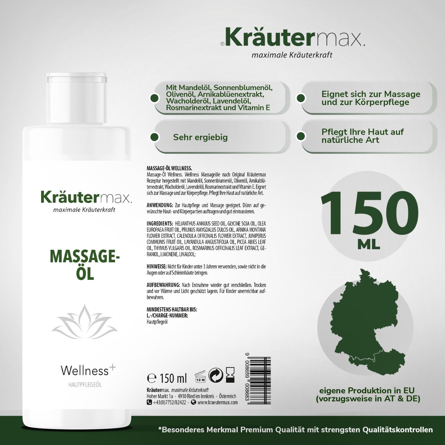 Weiße Flasche Massage-Öl mit Etikett. Aufschrift: 150 ml. Inhaltsstoffe und Anwendungshinweise. Karte von Deutschland. Premium Qualität.