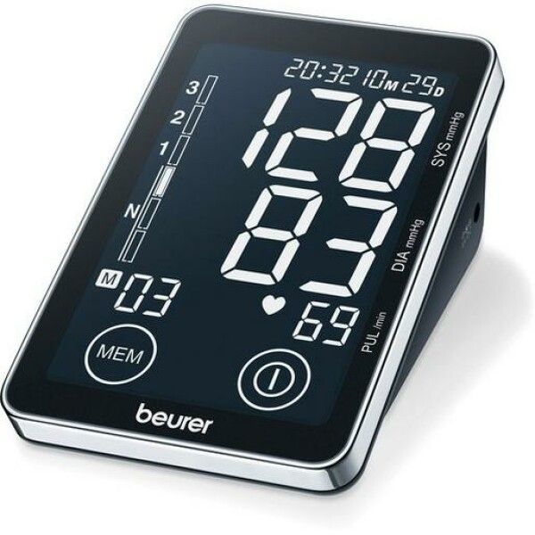 Blutdruckmessgerät mit Display. Zeigt Systole, Diastole und Puls. Marke: beurer. Datum und Uhrzeit werden angezeigt.
