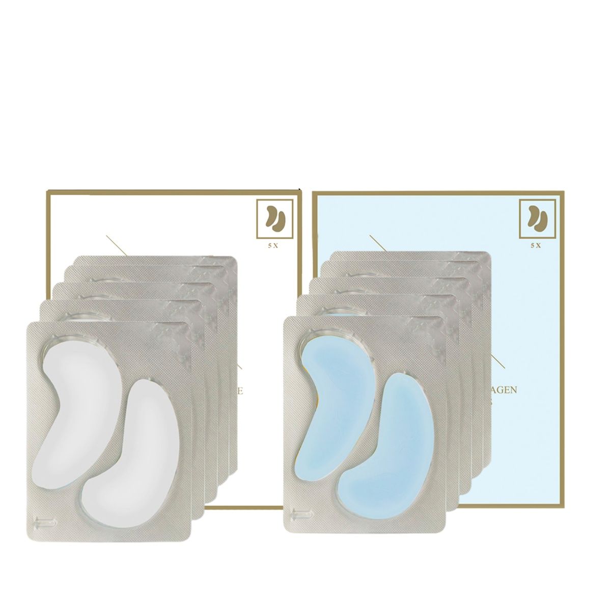 Mehrere Packungen Augenpads. Links weiße, rechts blaue Pads. Auf jeder Packung sind zwei Pads sichtbar.