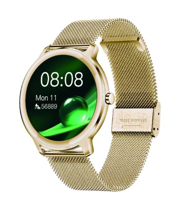 Goldfarbene Smartwatch mit rundem Zifferblatt und Milanaise-Armband. Das Display zeigt Uhrzeit, Datum und Schritte an. Edelstahl-Schließe.