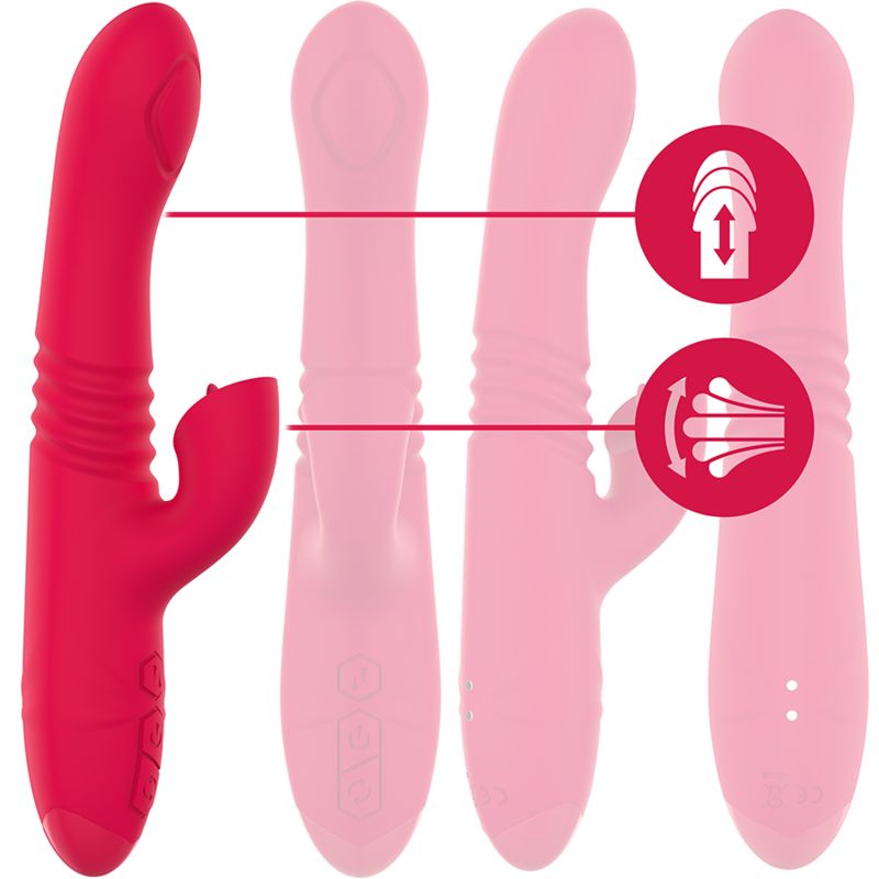 Roter Vibrator in vier Ansichten, die verschiedene Vibrationsmuster und Intensitäten zeigen.