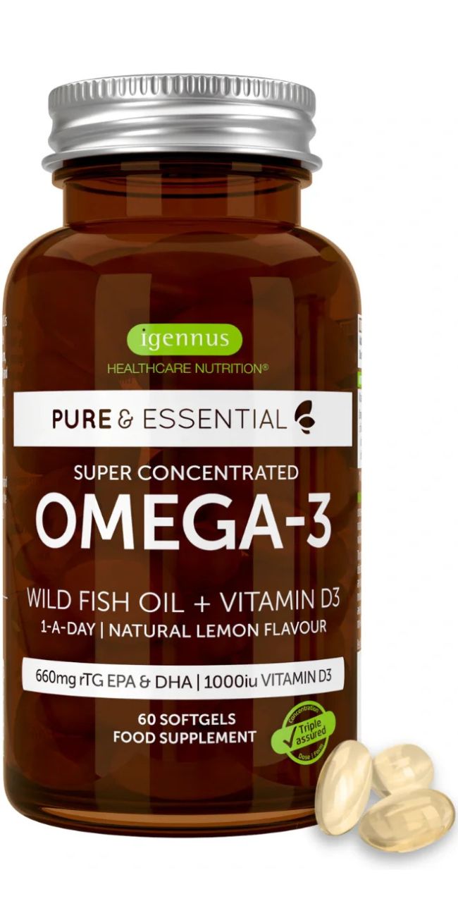 Braune Flasche mit Kapseln. Text: Igennus Healthcare Nutrition. Pure & Essential Omega-3. 60 Softgels. 1-a-day.