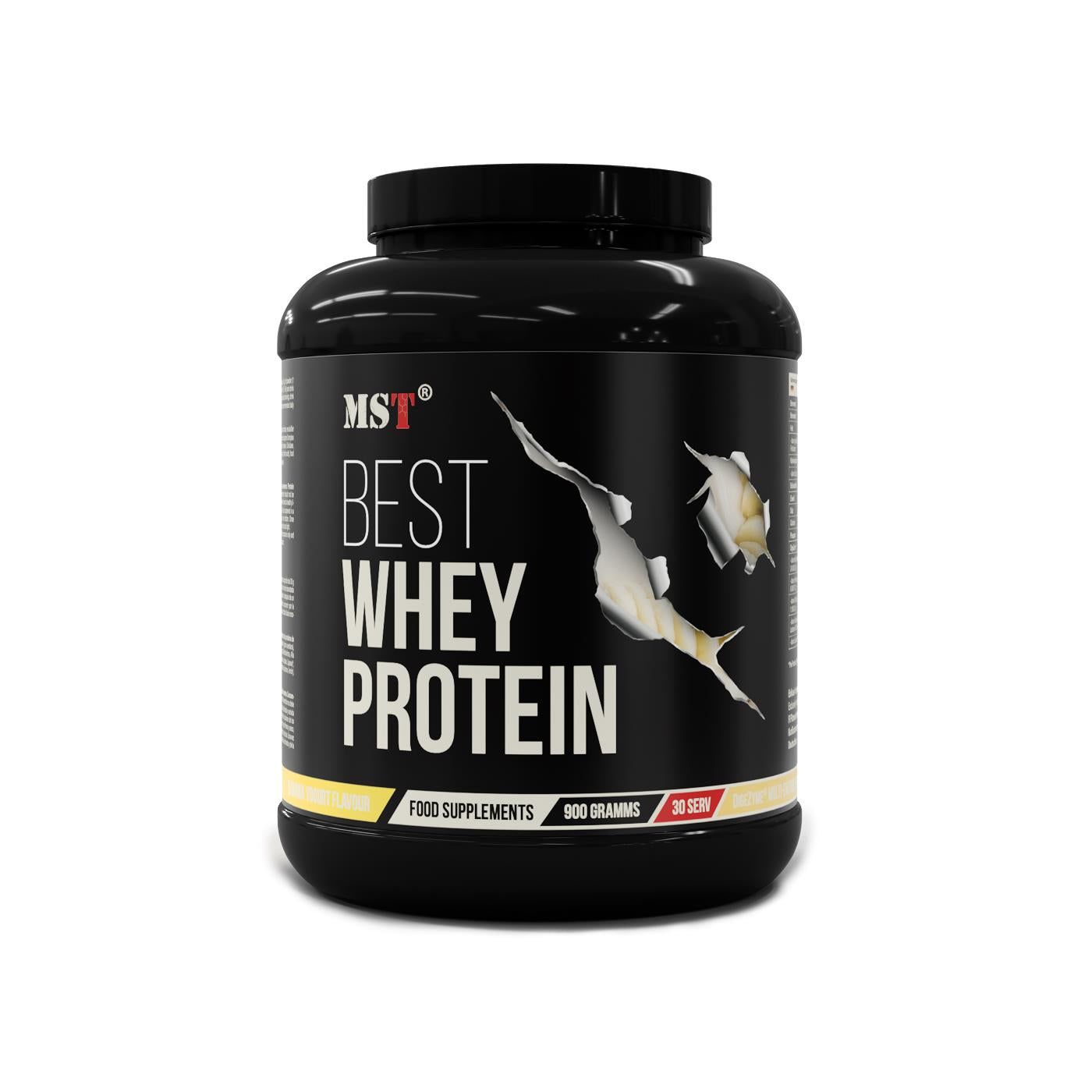 Schwarze Dose mit "MST BEST WHEY PROTEIN"-Aufdruck. 900 Gramm, 30 Portionen. Riss-Design.