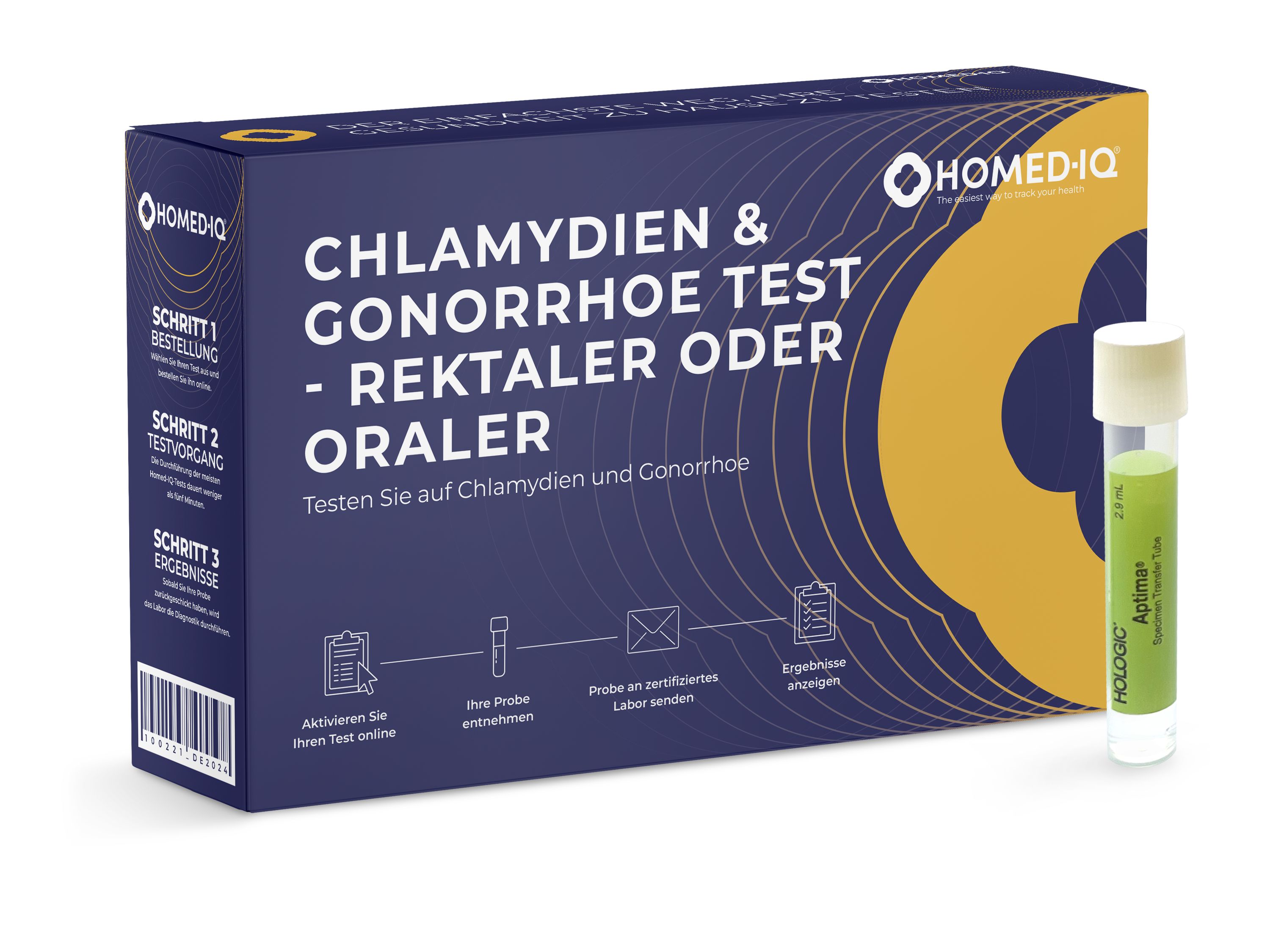 Blau-gelbe Schachtel mit "CHLAMYDIEN & GONORRHOE TEST". Daneben ein Teströhrchen mit grüner Flüssigkeit. Marke: HOMED-IQ.