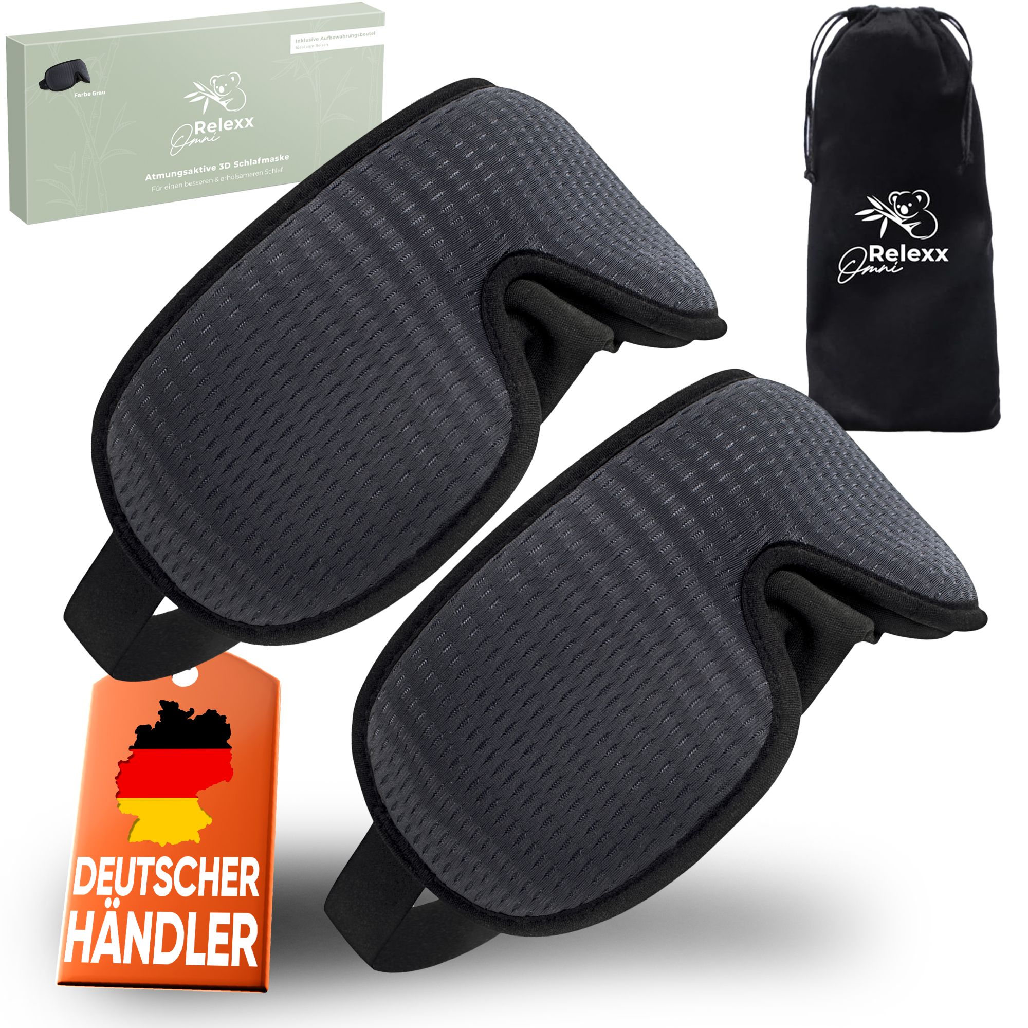 Zwei graue Schlafmasken, Reisebeutel und Verpackung. Auf der Verpackung steht OMNIRELEXX®.