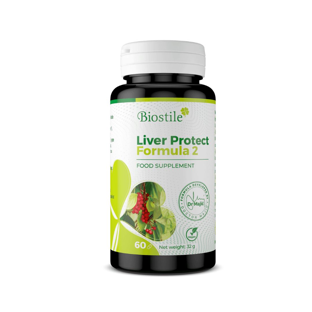 Eine schwarze Flasche mit weißem Deckel. Auf dem Etikett steht "Biostile Liver Protect Formula 2". Enthält 60 Kapseln.
