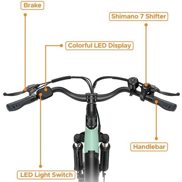 Nahaufnahme des Lenkers eines Elektrofahrrads. Bremsen, Schalter, LED-Anzeige, Shimano 7.