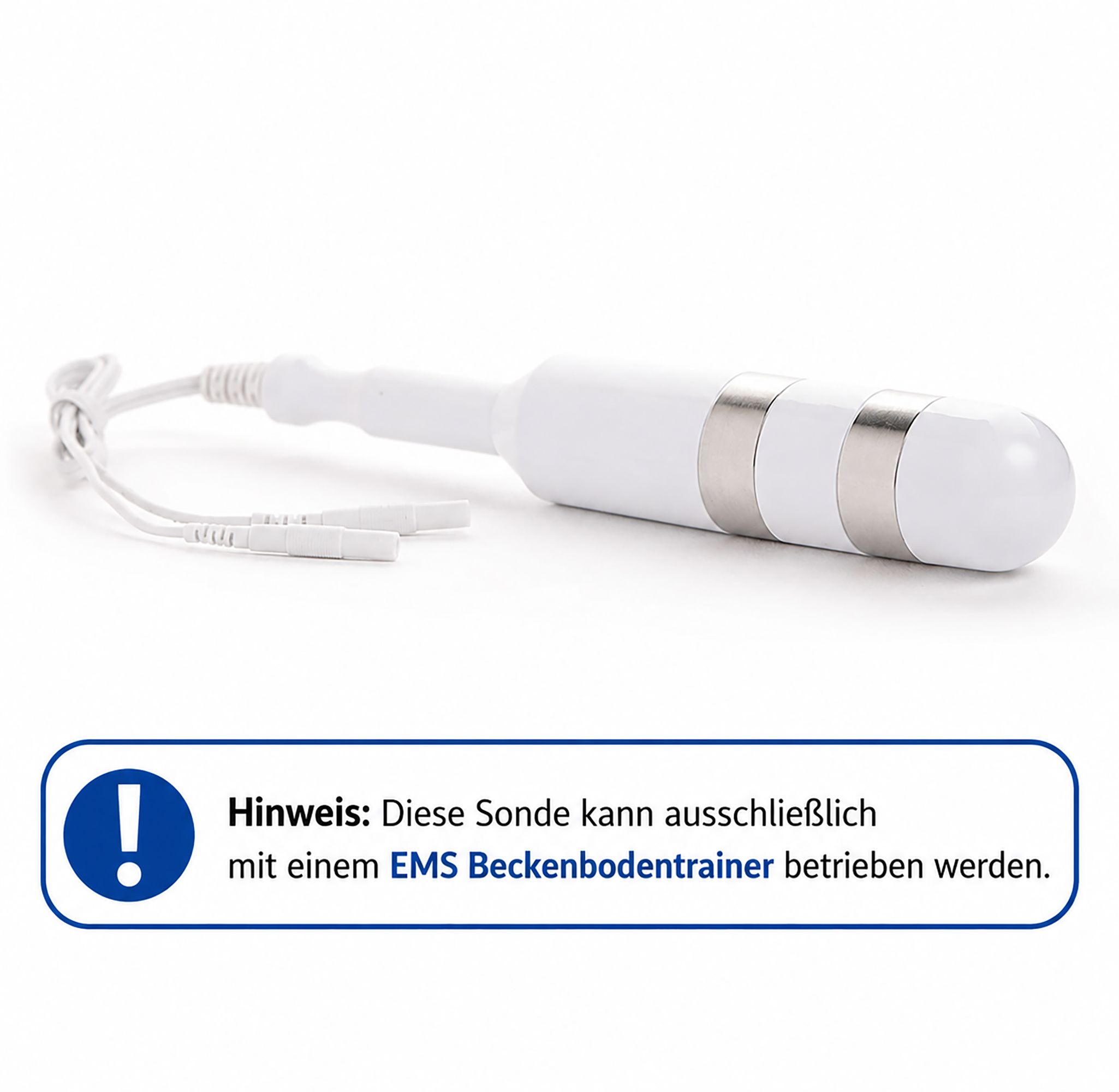 Weiße Elektrode mit Anschlusskabeln und Hinweistext zur Nutzung mit EMS-Beckenbodentrainer.