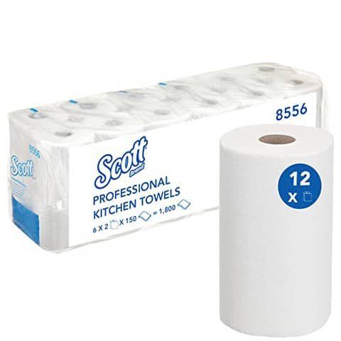 Küchenrollen-Packung und einzelne Rolle. Aufschrift "Scott Professional Kitchen Towels". Blaue Aufkleber mit "12 x".