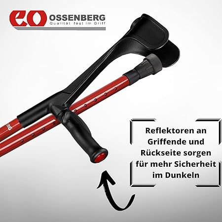 Gehhilfe, rot und schwarz. Logo Ossenberg. Reflektoren an Griff und Rückseite. Text: Reflektoren sorgen für mehr Sicherheit.