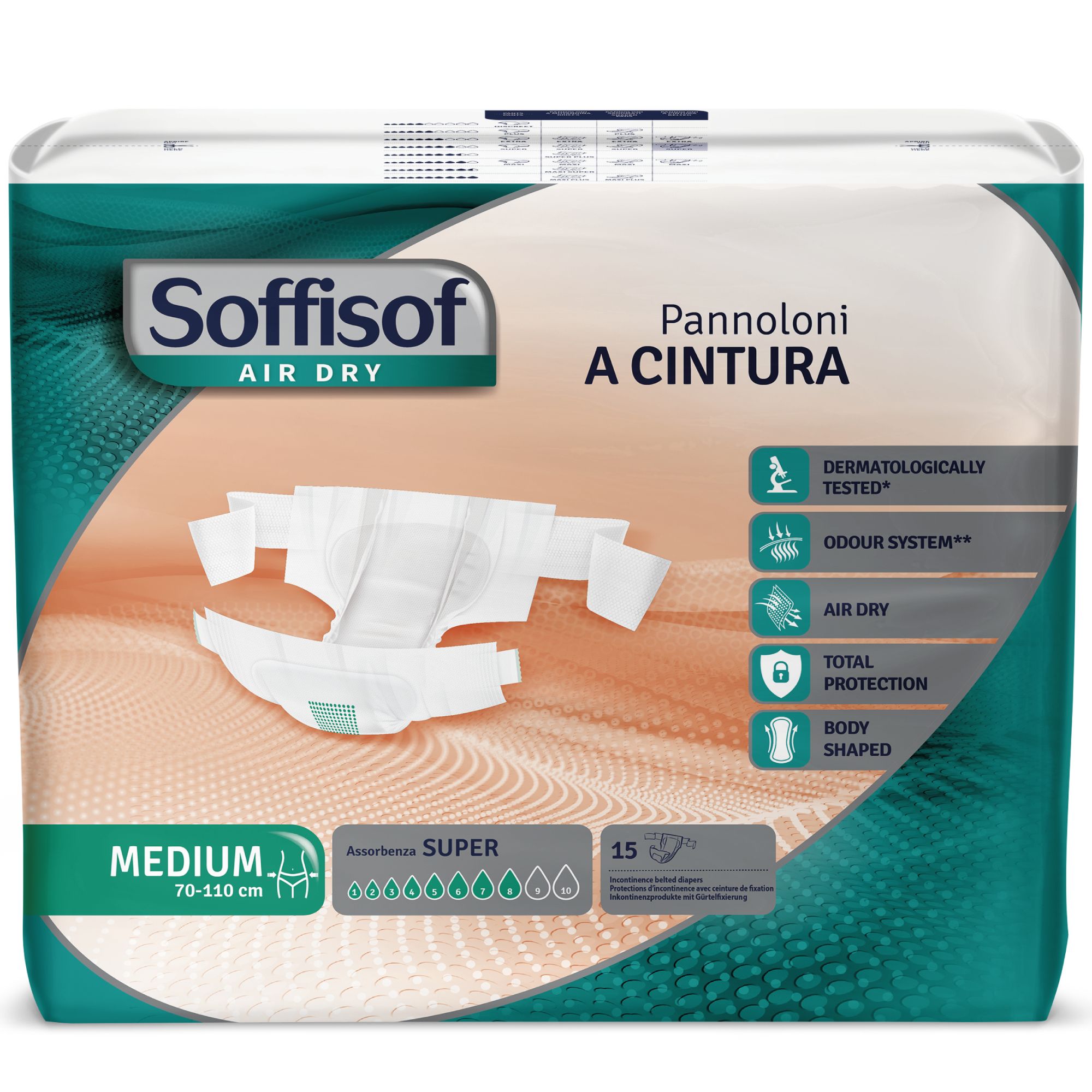 Verpackung mit Inkontinenzschutz. Marke Soffisof, Modell Air Dry. Größe Medium, 70-110 cm. 15 Stück. Mit Hüftbund. Dermatologisch getestet.