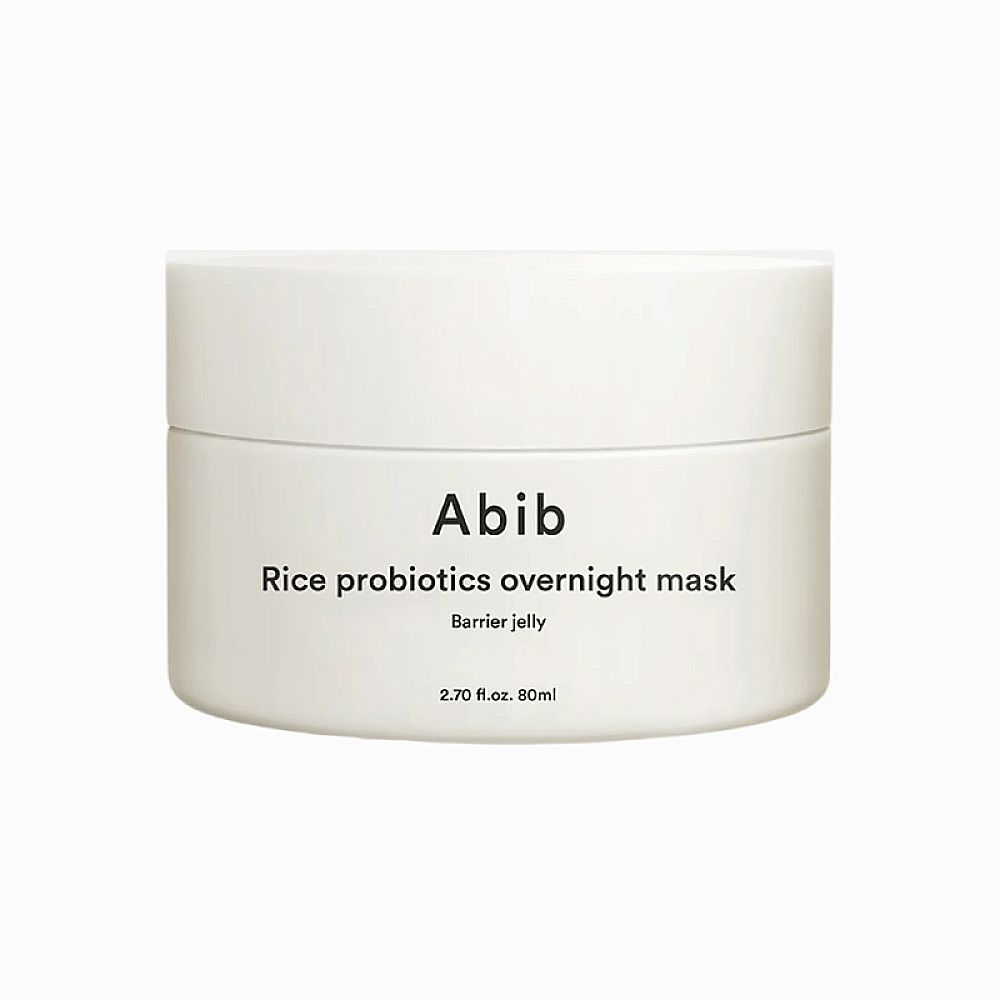 Weiße Dose mit 'Abib Rice probiotics overnight mask' Aufschrift.