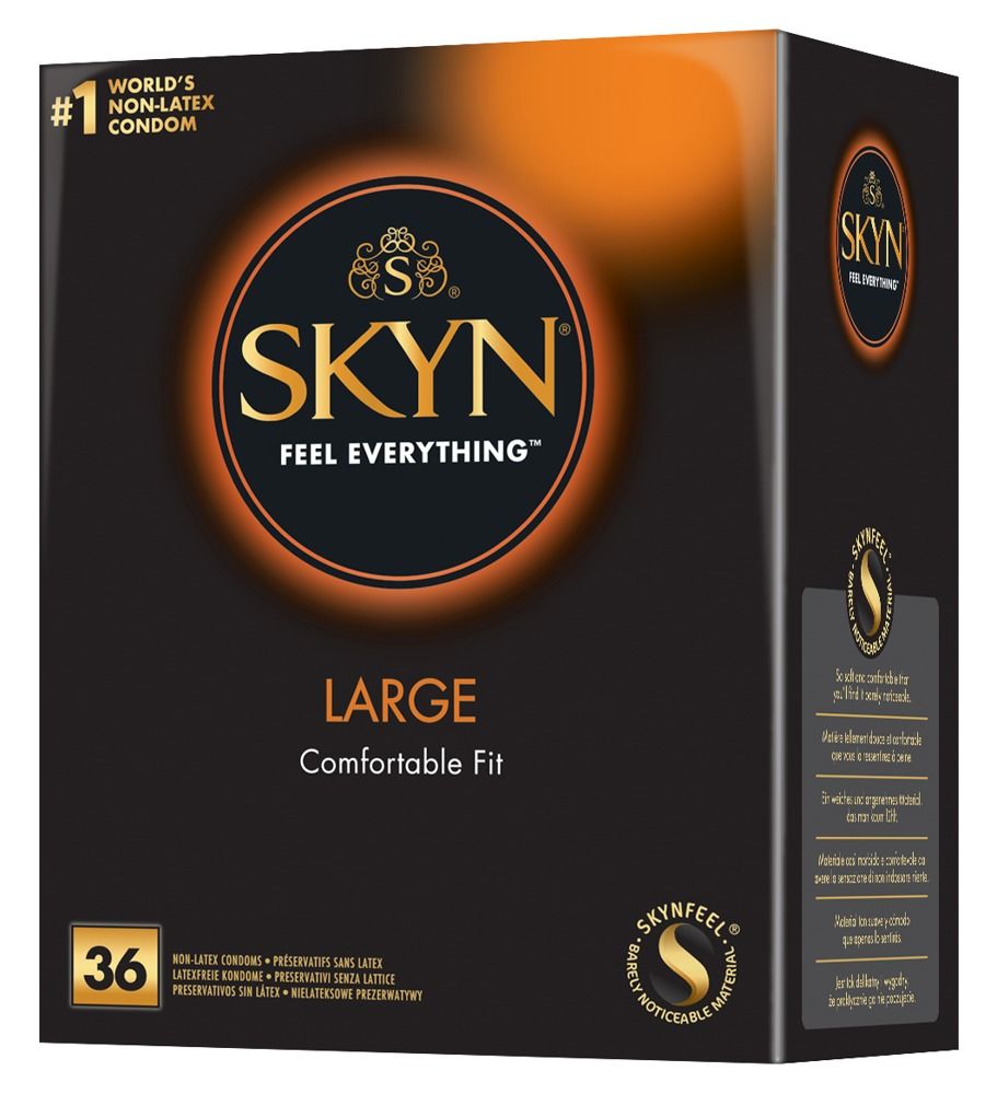 Schwarze Schachtel mit SKYN-Logo und Schriftzug "LARGE Comfortable Fit". Enthält 36 Kondome. #1 Non-Latex Kondome.