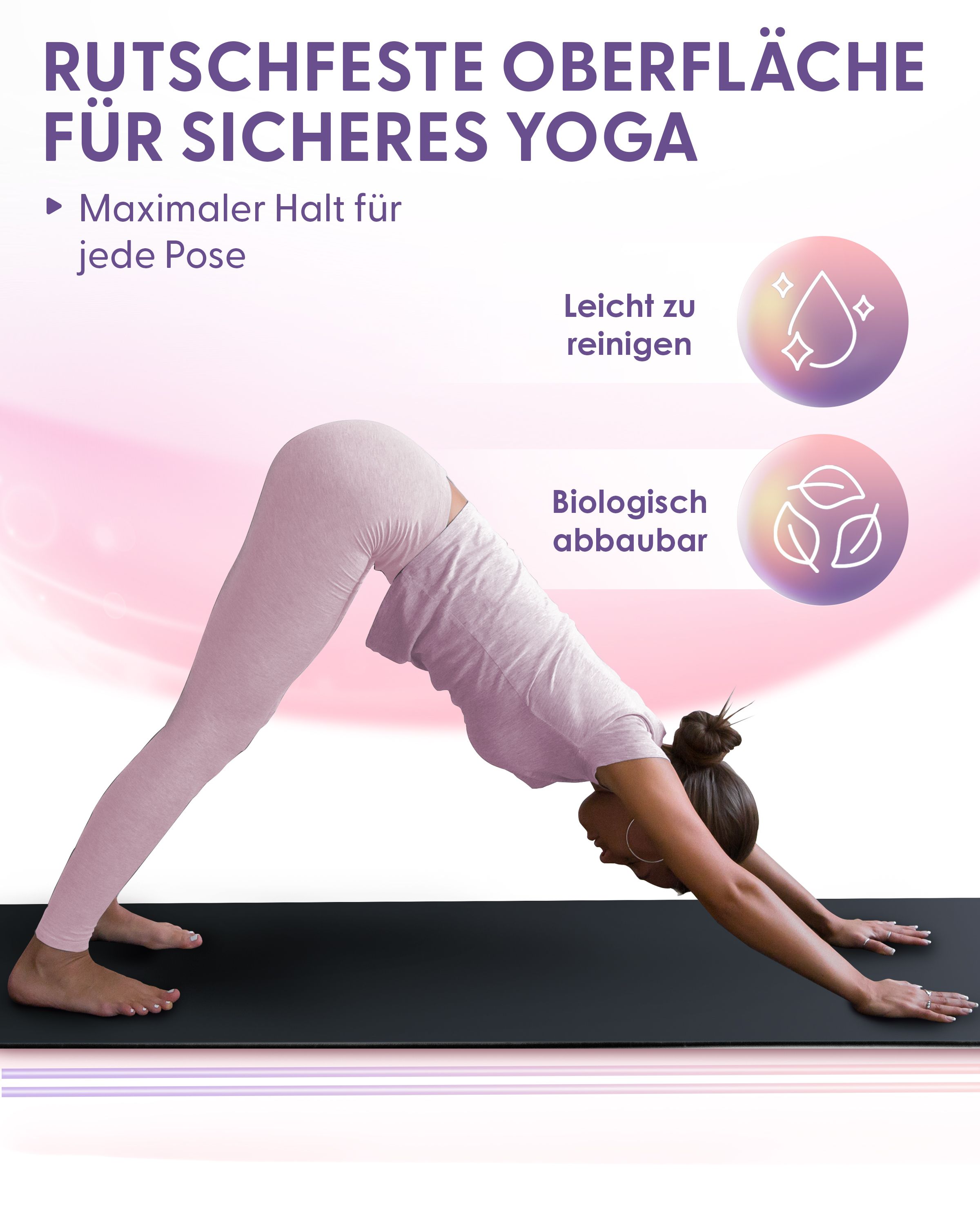 Frau in Yoga-Pose auf schwarzer Yogamatte. Text: Rutschfeste Oberfläche für sicheres Yoga.