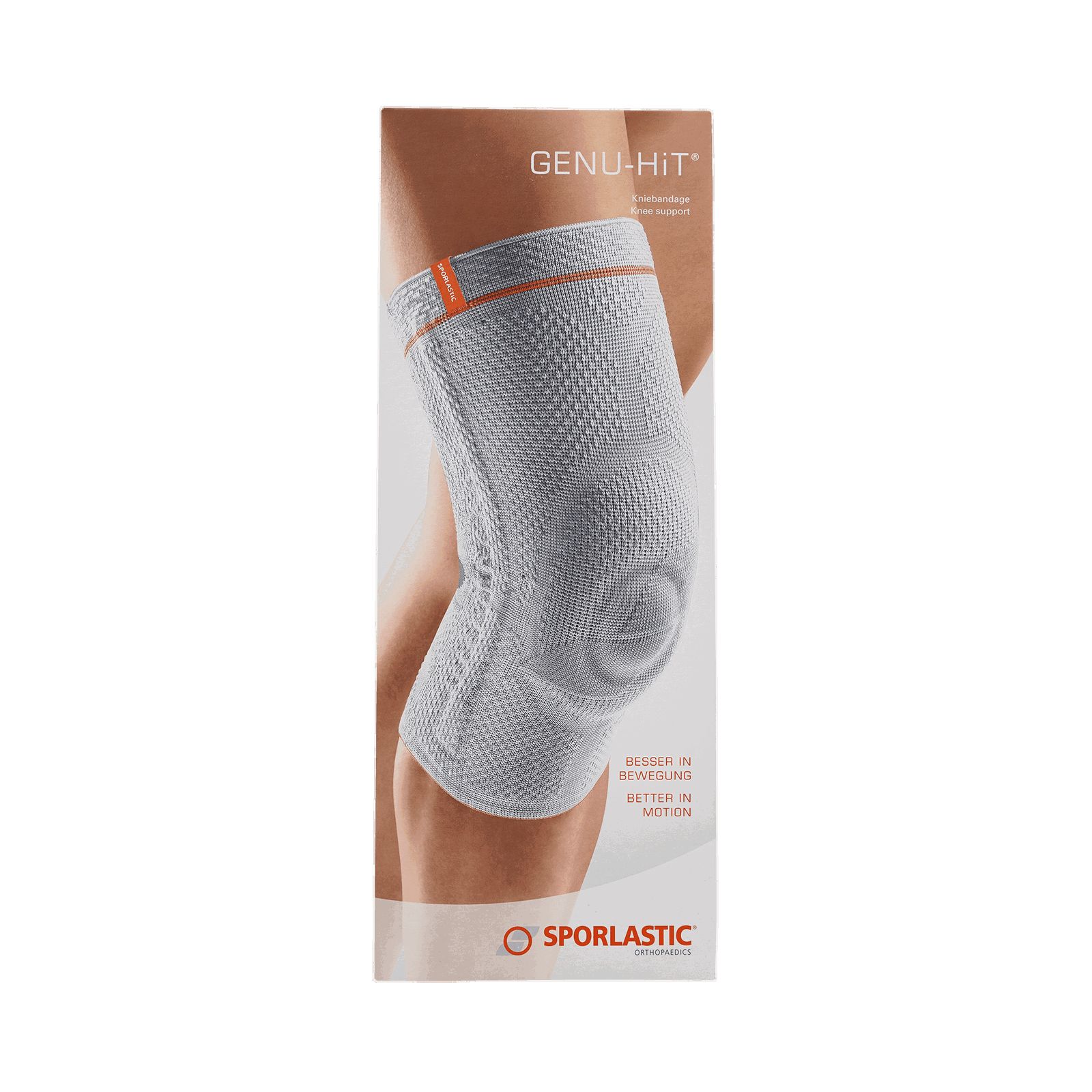 Kniebandage Genu-Hit, Größe 5, grau. Auf Beinen getragen. Sporlastic Logo. Text: Besser in Bewegung, besser im Sport.