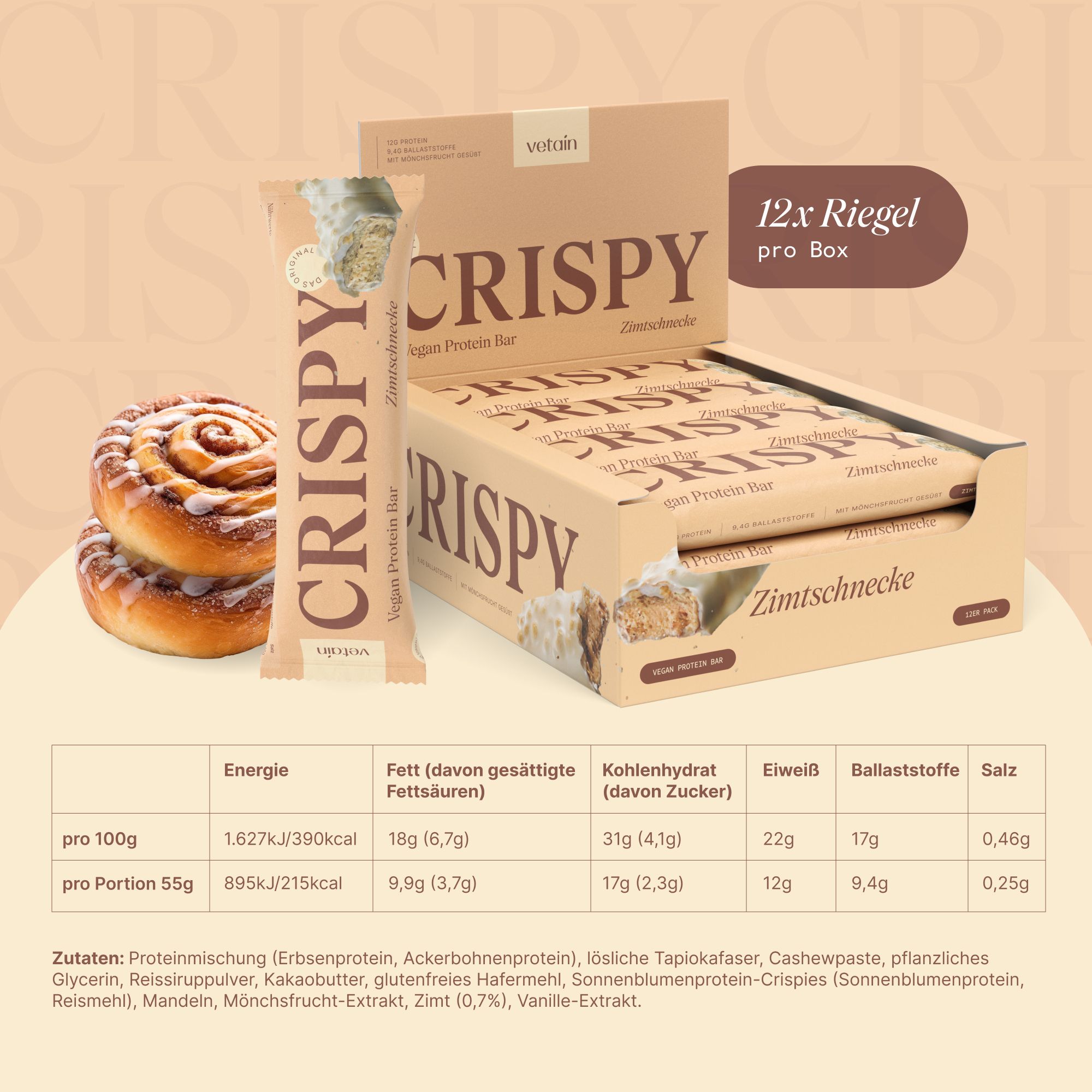 VETAIN Crispy Zimtschnecke Proteinriegel: 12 Riegel pro Box, Nährwerttabelle.
