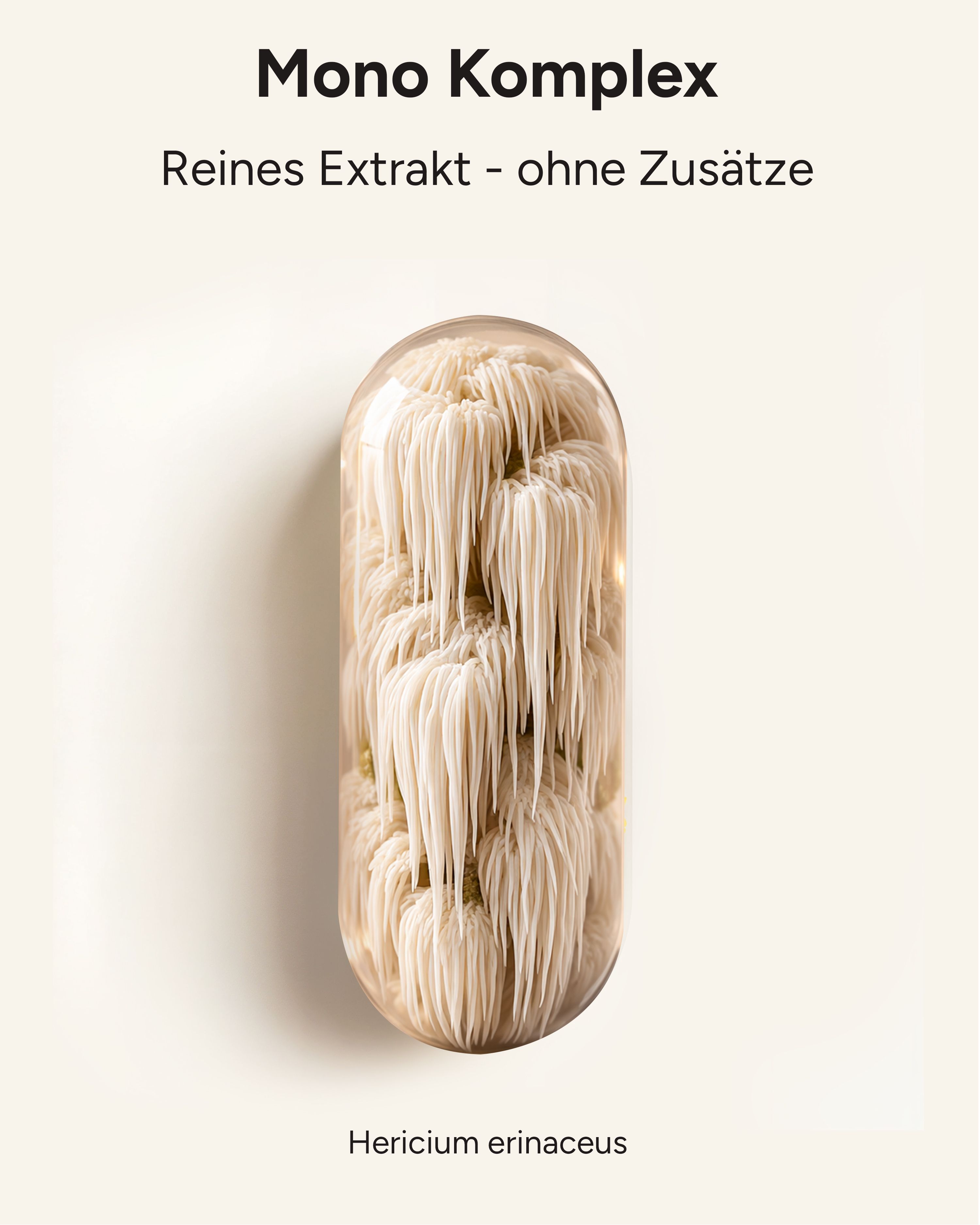 Kapsel mit Löwenmähne-Extrakt. Text: Mono Komplex, Reines Extrakt - ohne Zusätze. Hericium erinaceus.