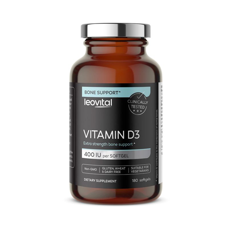 Braune Glasflasche mit silbernem Deckel. Aufschrift: Vitamin D3, 400 IU pro Softgel. 180 Softgels. Marke: leovital.