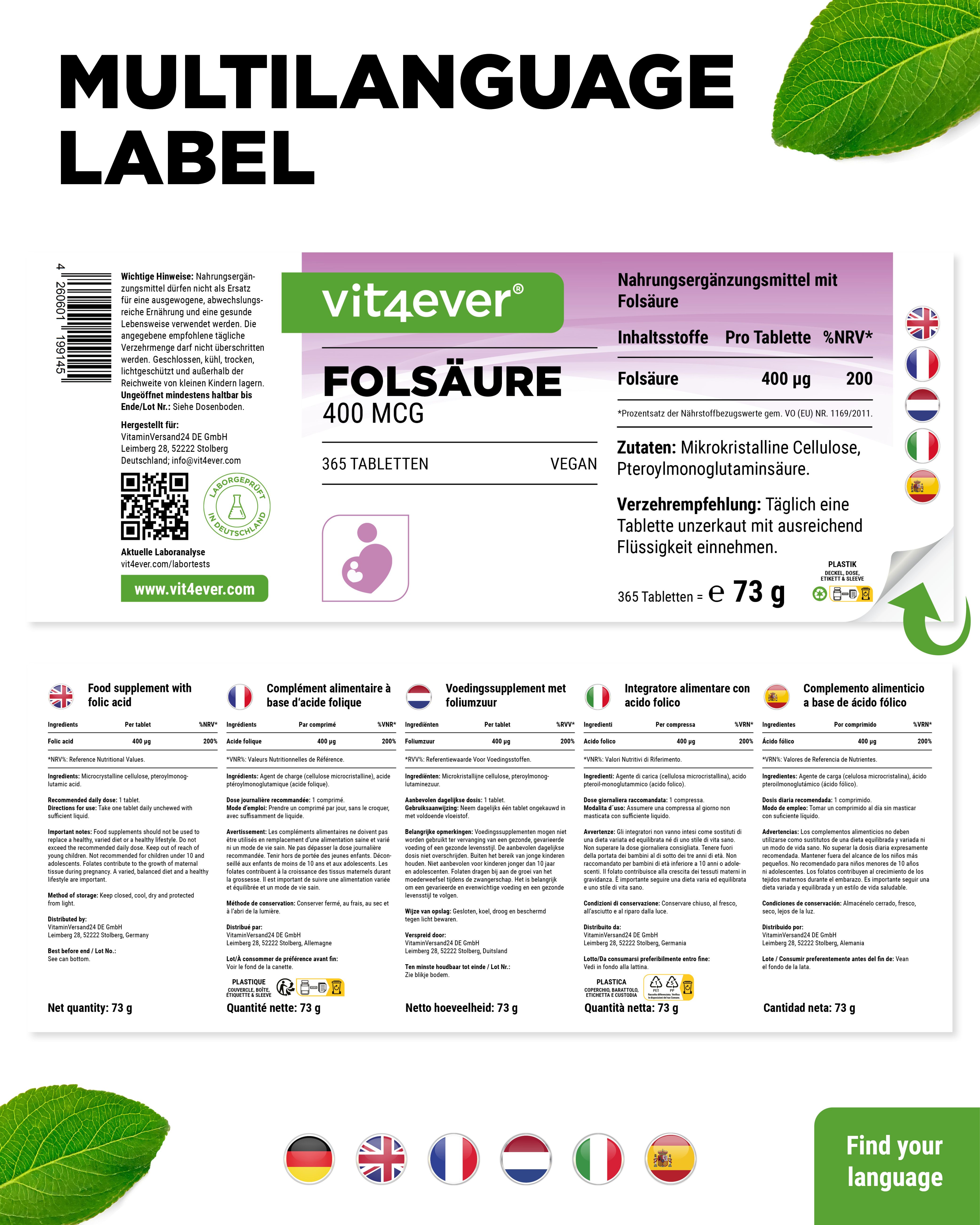 Etikett mit mehrsprachigen Informationen zu Folsäure-Tabletten. Aufschrift: Folsäure 400 mcg, 365 Tabletten, vegan. Logo: vit4ever.