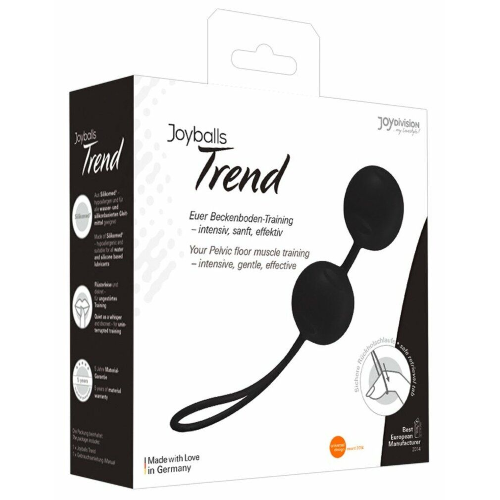 Verpackung von Joyballs Trend schwarz. Produkt und Text auf weißem Hintergrund. Mit Logo und Zertifizierung.